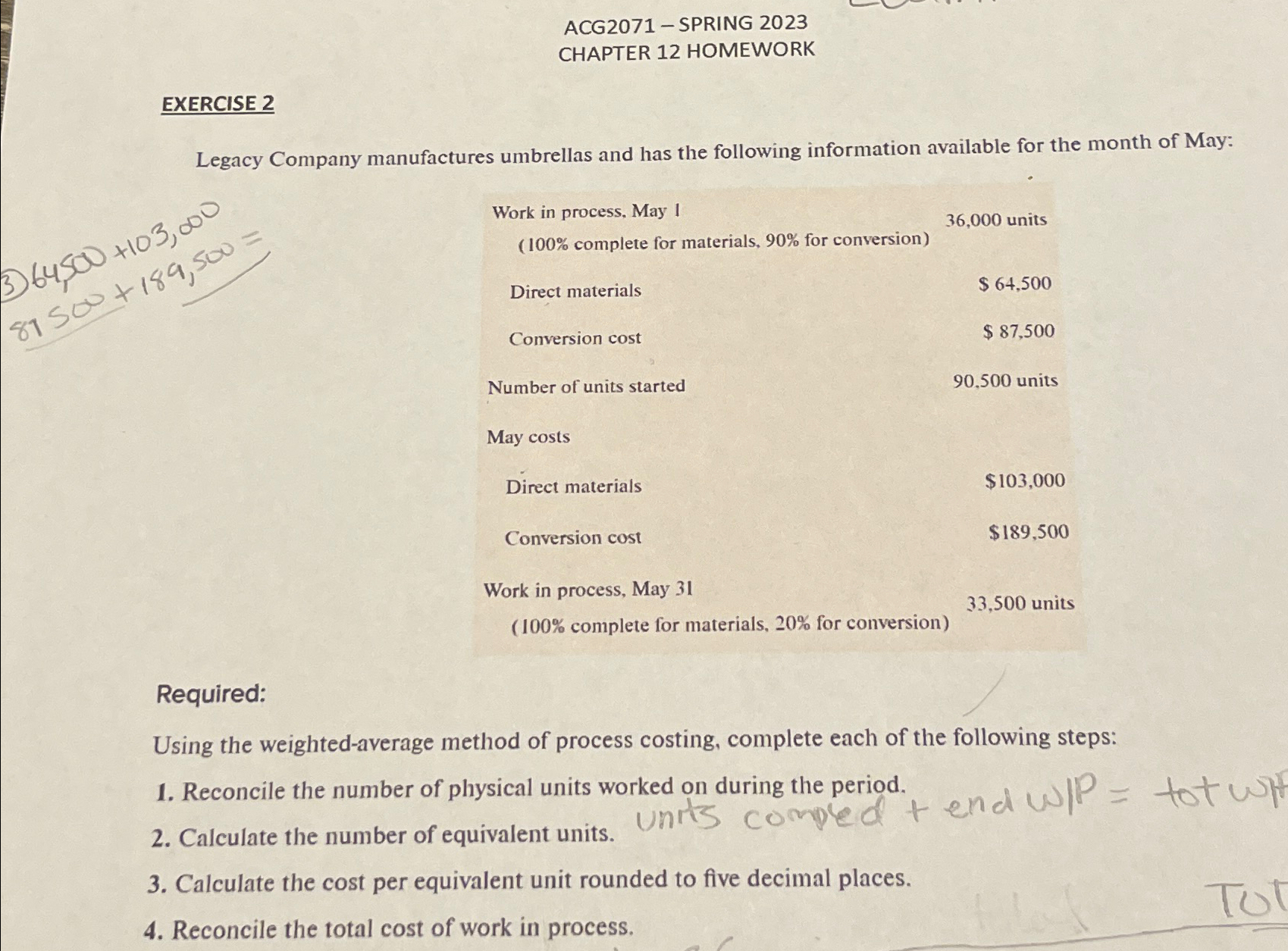  ACG2071- SPRING 2023 CHAPTER 12 HOMEWORK EXERCISE 2 Legacy Company manufactures