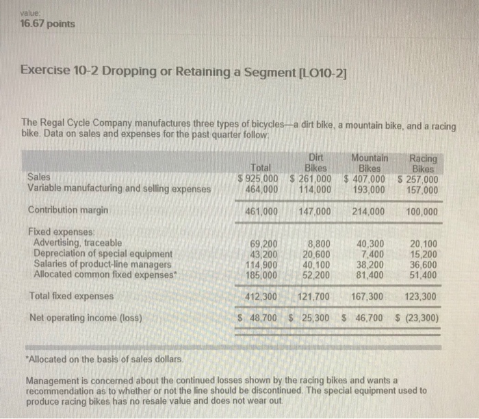  value 16.67 points Exercise 10-2 Dropping or Retaining a Segment [LO10-2]