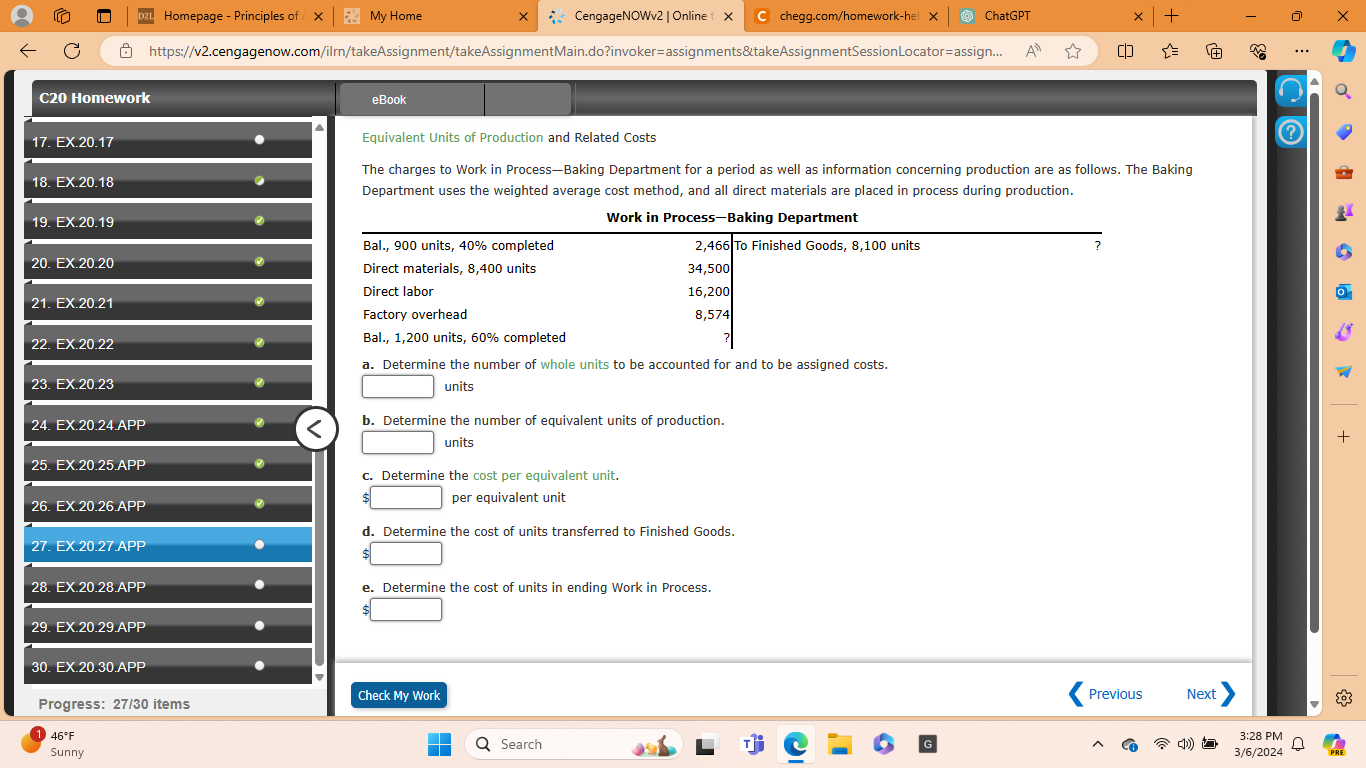  The charges to Work in ProcessBaking Department for a period as
