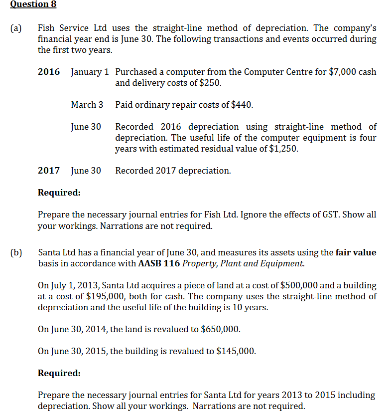  Question 8 (a) Fish Service Ltd uses the straight-line method of