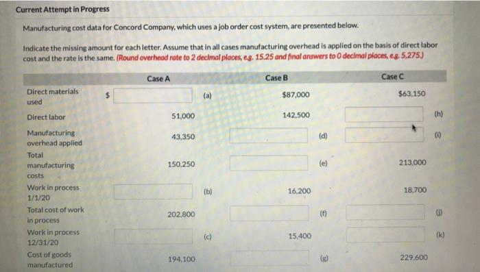  Case A Current Attempt in Progress Manufacturing cost data for Concord