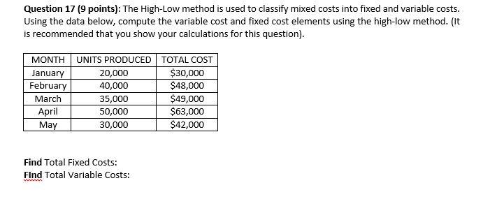 Question 17 ( 9 points): The High-Low method is used to