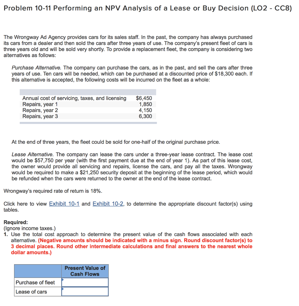 please help me with this question Problem 10-11 Performing an NPV Analysis