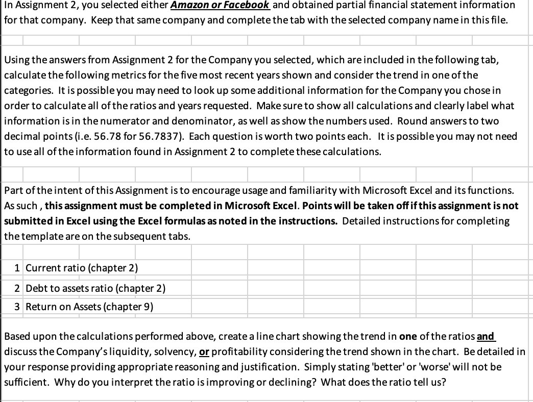  In Assignment 2, you selected either Amazon or Facebook and obtained