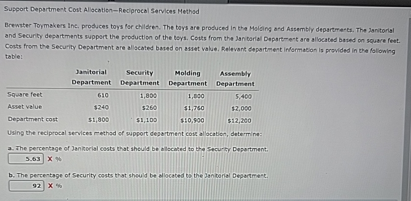  Support Department Cost Allocation-Reciprocal Services Method Brewster Toymakers Inc. produces toys