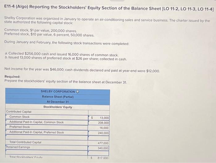 plz help asap E11-4 (Algo) Reporting the Stockholders' Equity Section of the