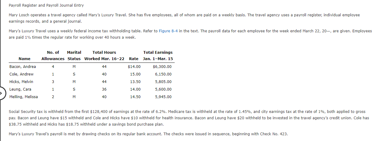  Payroll Register and Payroll Journal Entry Mary Losch operates a travel