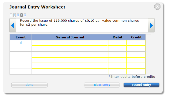 c. Pald the dividends In (b). d. Issued 116,000 new shares of