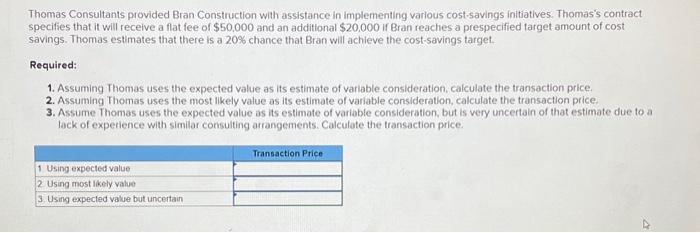 45 Thomas Consultants provided Bran Construction with assistance in implementing various cost-savings