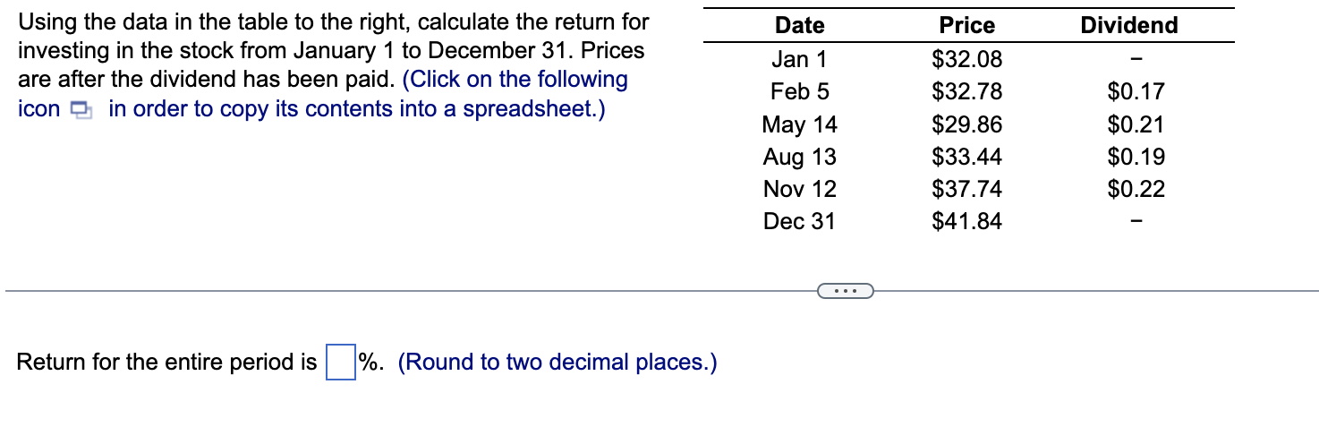  Using the data in the table to the right, calculate the
