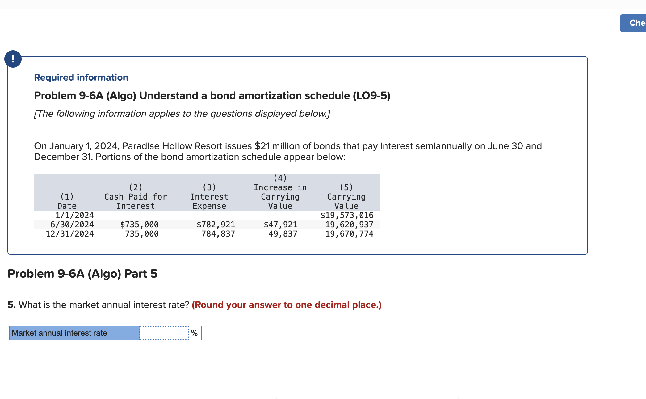 Required information Problem 9-6A (Algo) Understand a bond amortization schedule (LO9-5)
