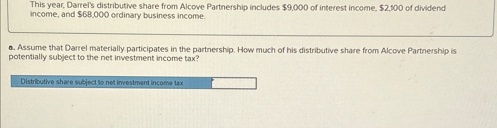  This year, Darrel's distributive share from Alcove Partnership includes $9,000 of