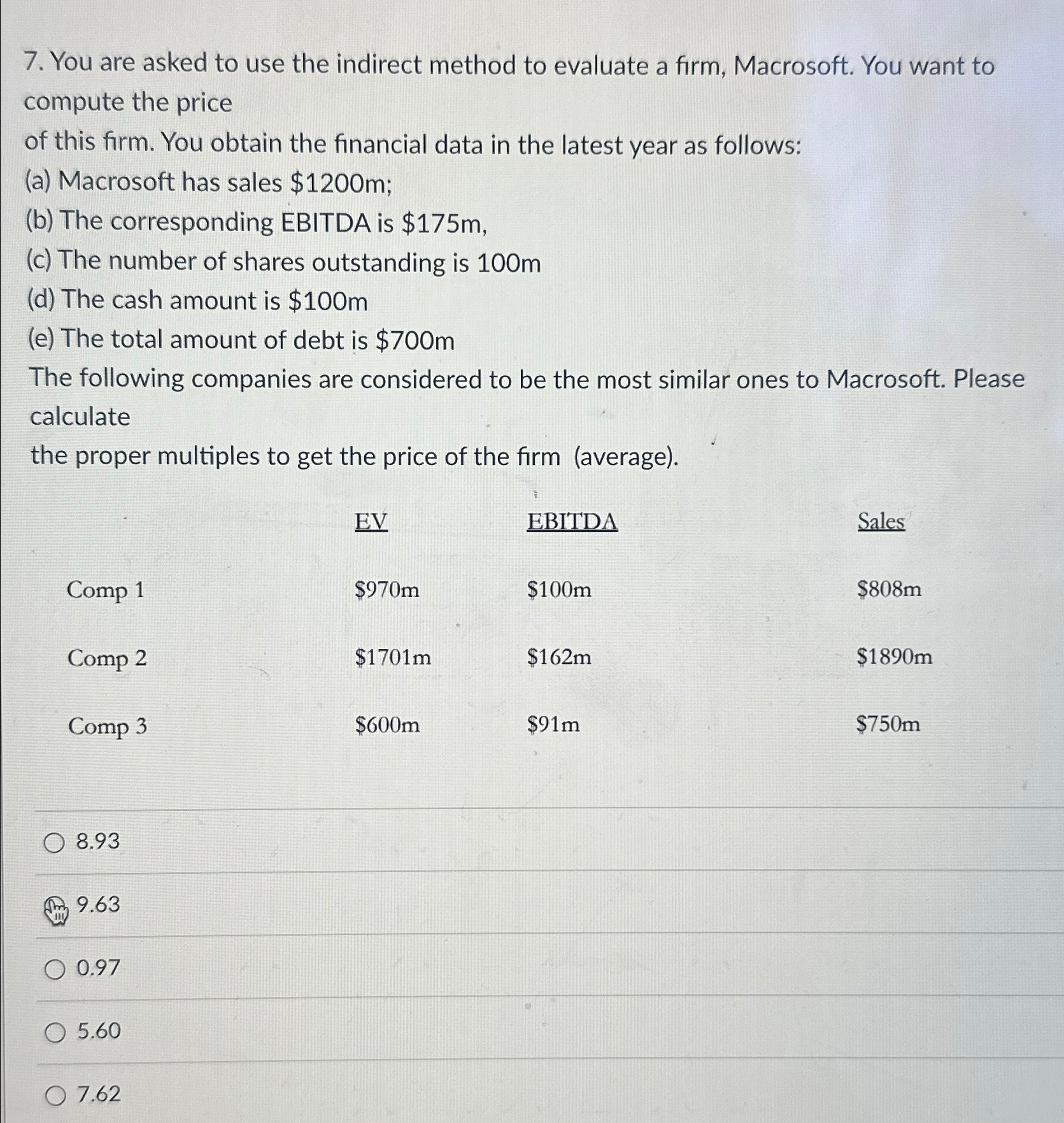  You are asked to use the indirect method to evaluate a
