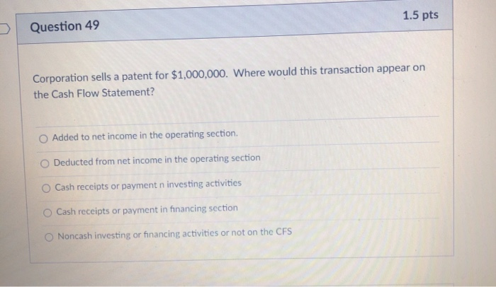 Not on the Balance Sheet Question 47 1.5 pts Which of the
