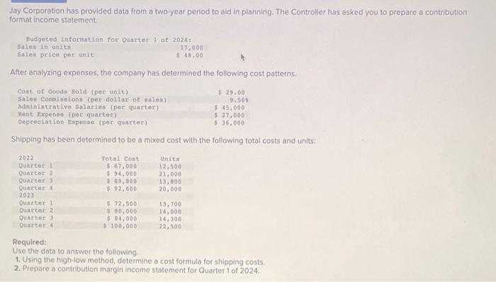 please help me with this Jay Corporation has provided data from a