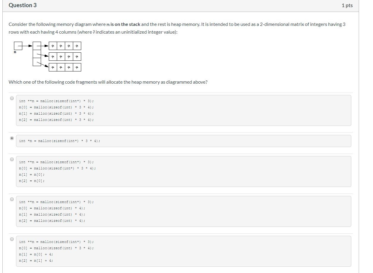 match code with diagram Question 3 1 pts Consider the following memory