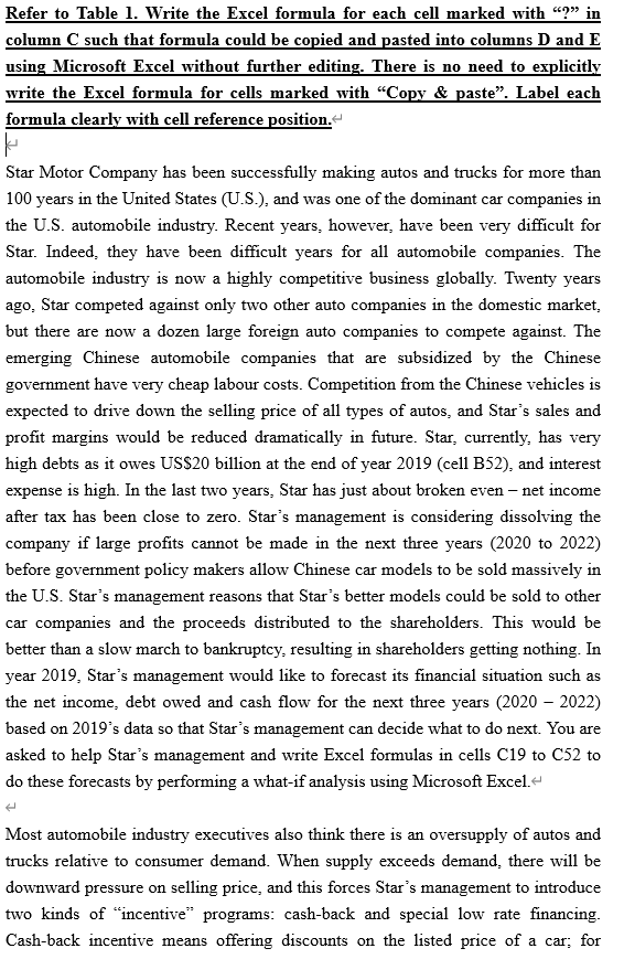 Refer to Table 1. Write the Excel formula for each cell