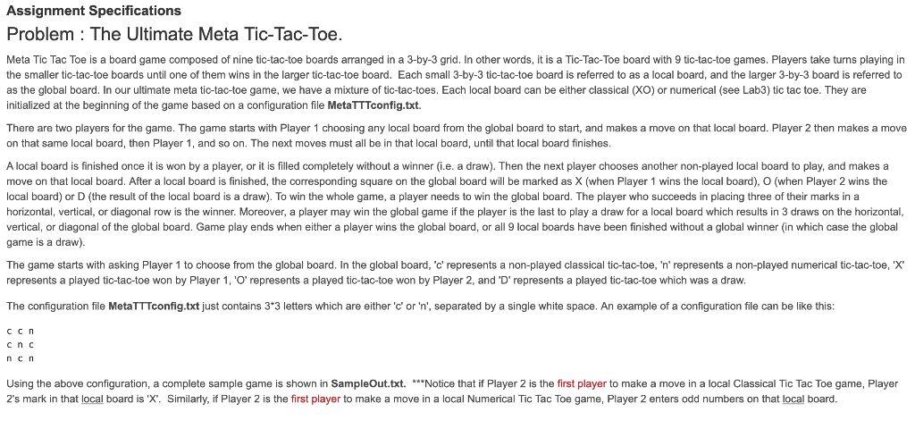Assignment Specifications Problem : The Ultimate Meta Tic-Tac-Toe. Meta Tic Tac