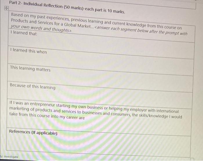  Part 2- Individual Reflection (50 marks) each part is 10 marks.