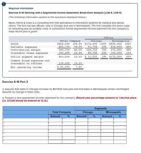 Required information Exercise 6-16 Working with a Segmented Income Statement: Break-Even