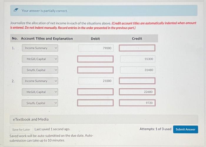  (\%) Your answer is partially correct. Journalize the allocation of net