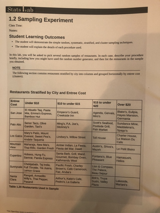  Stats liab 1.2 Sampling Experiment Class Time: Names: Student Learning Outcomes