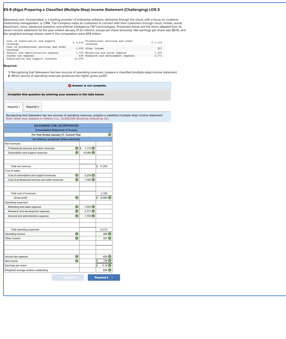  I am not sure why its incompleted E5-9 (Algo) Preparing a