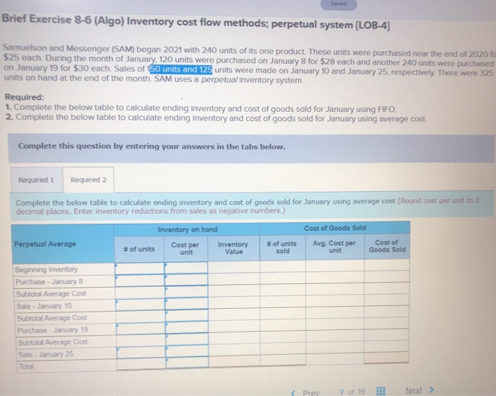 system (L08-4) Samuelson and Messenger (SAM) began 2021 with 240 units of
