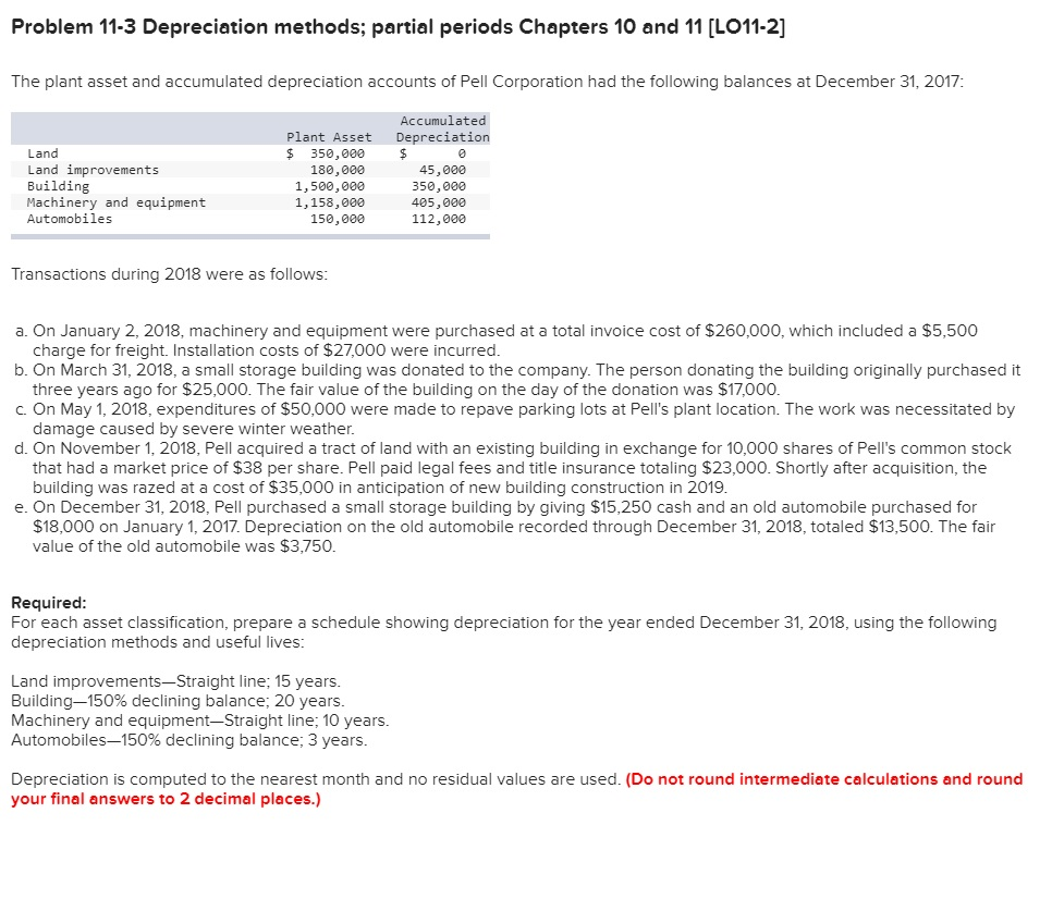 Problem 11-3 Depreciation methods; partial periods Chapters 10 and 11 [LO11-2] The