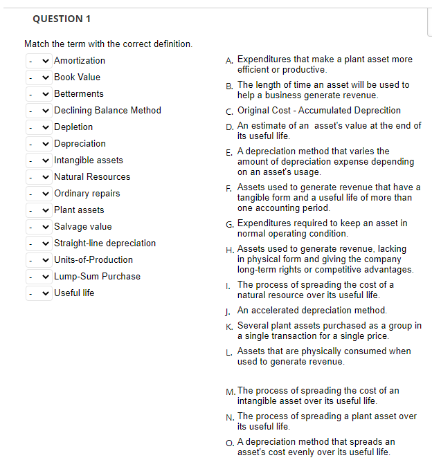 QUESTION 1 Match the term with the correct definition. Amortization Book