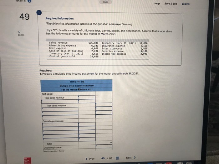  Exam Ill Help Save & Exit Submit 49 Required information [The