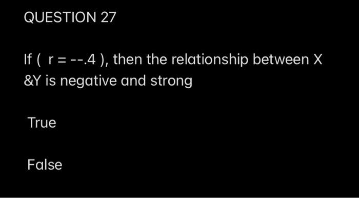  QUESTION 27 If (r = --.4), then the relationship between X