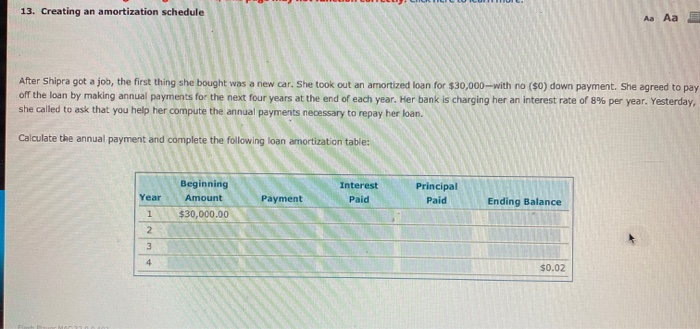  13. Creating an amortization schedule Aa Aa After Shipra got a