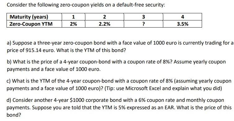 Consider the following zero-coupon yields on a default-free security: Maturity (years)