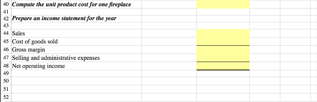 per fireplace 4Manufacturing costs: 5 V 6 Direct materials 7 Direct labor