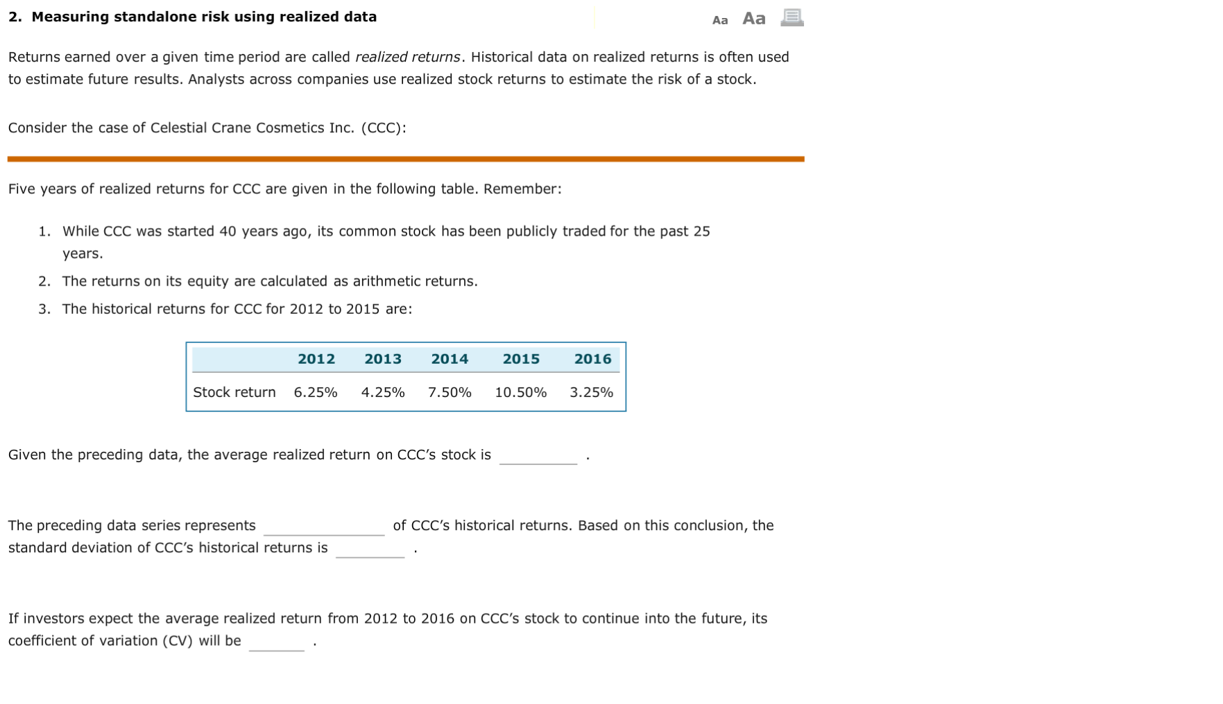 2. Measuring standalone risk using realized data Aa Aa E Returns