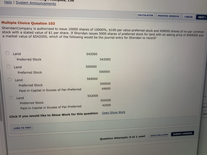  Help I System Announcements CALCULATOR PRINTER VERSION BACK NEXT Multiple Choice