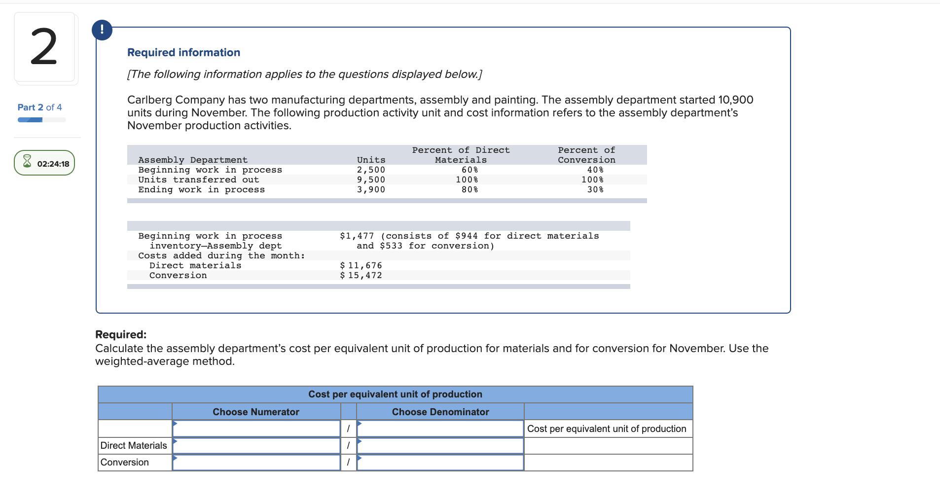 assembly department started 10,900 units during November. The following production activity unit