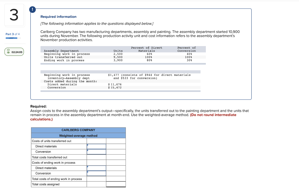 and cost information refers to the assembly department's November production activities. Part