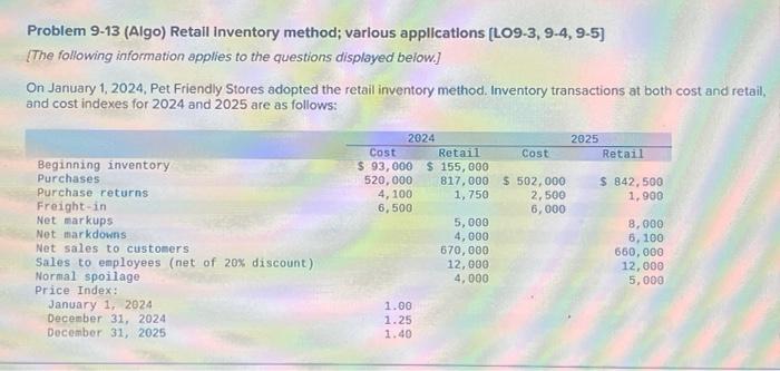 11 Problem 9-13 (Algo) Retall Inventory method; various applications [LO9-3, 9-4, 9-5]
