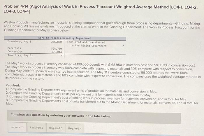  Problem 4-14 (Algo) Analysis of Work in Process T-account-Weighted-Average Method [LO4-1,