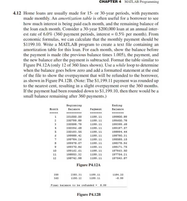  CHAPTER 4 MATLAB Programming 4.12 Home loans are usually made for