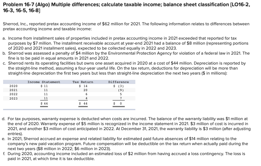  Problem 16-7 (Algo) Multiple differences; calculate taxable income; balance sheet classification