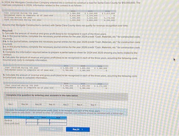 please answer all 5 requirements In 2024, the Westgate Construction Company entered