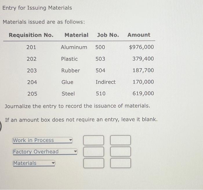  Entry for Issuing Materials Materials issued are as follows: Journalize the