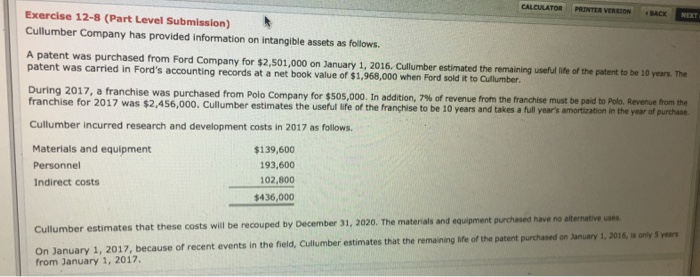  CALCULATOR PRINTER VERSSON BACK Exercise 12-8 (Part Level Submission) Cullumber Company