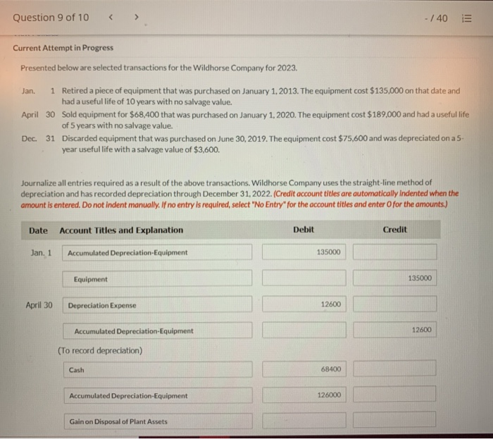  Question 9 of 10 > - / 40 E Current Attempt