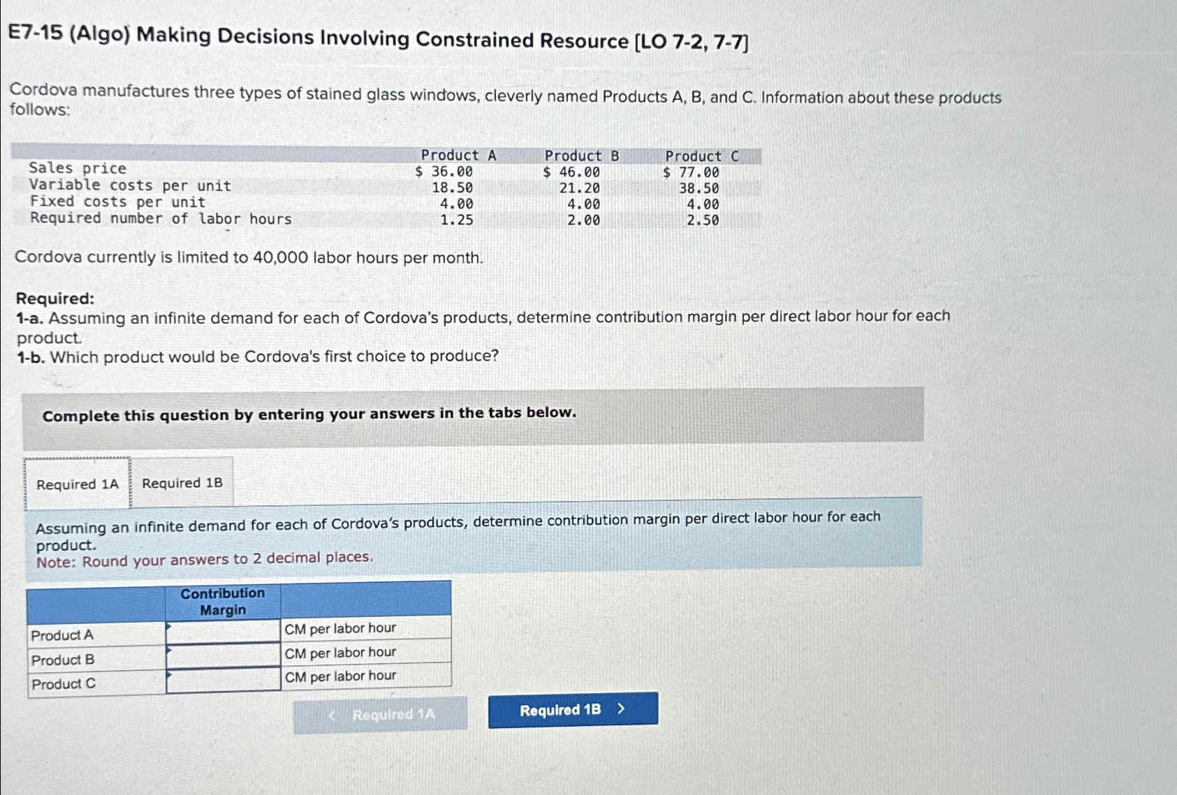  E7-15(Algo) Making Decisions Involving Constrained Resource [LO 7-2,7-7] Cordova manufactures three