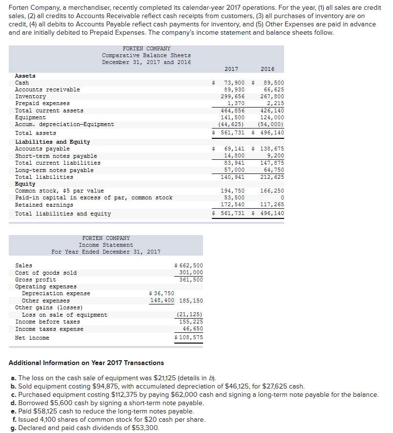 Prepare a complete statement of cash flows using a spreadsheet; report