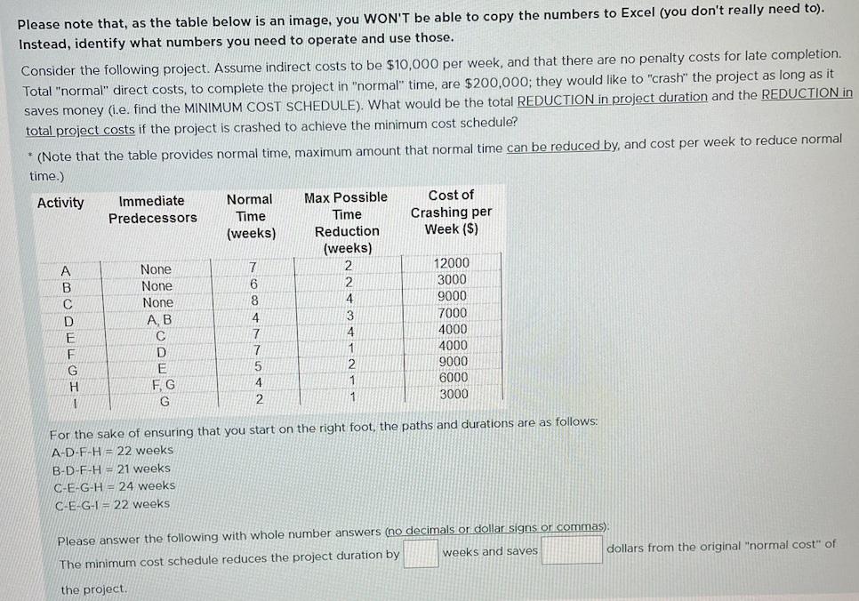 Please show work :D Please note that, as the table below is
